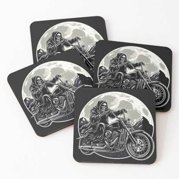 Item preview, Skeleton Riding Motorcycle Mountain Background designed and sold by CreepyCornerArt.