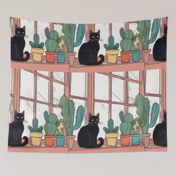 Item preview, Black Cat in The window with Cactus And Plants designed and sold by Catophile.