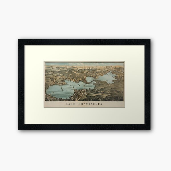 Vintage Pictorial Map of Lake Chautauqua NY (1885) Framed Art Print