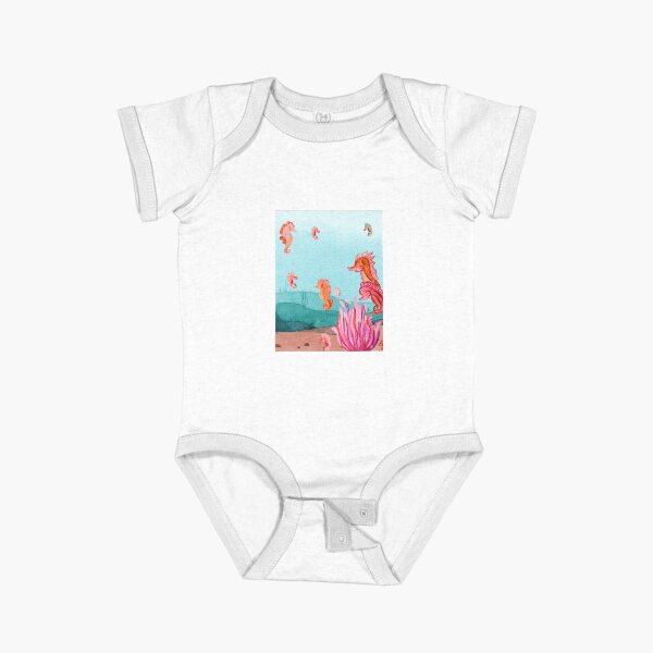 Watercolor Seahorse Under the Sea Art - Bright Whimisical Nursery Decor Short Sleeve Baby One-Piece