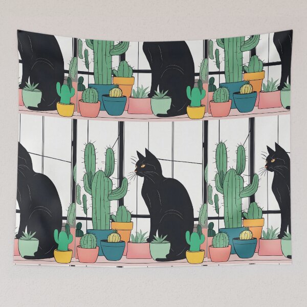 Item preview, Black Cat in The window with Cactus And Plants designed and sold by Catophile.