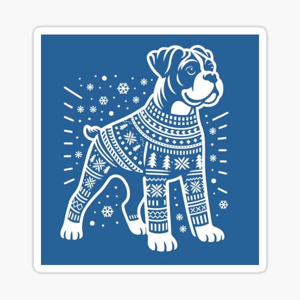Christmas Boxer Dog Wearing an Ugly Sweater Blue Sticker