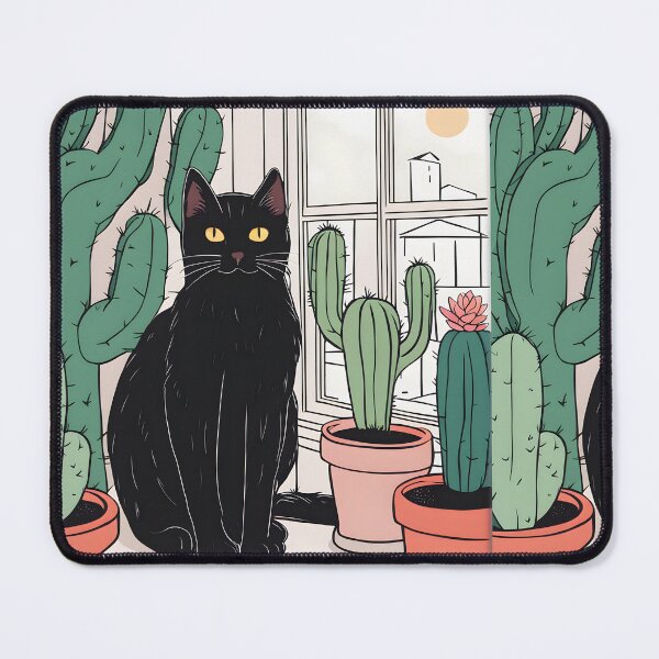 Item preview, Black Cat With Cactus In Window with sun designed and sold by Catophile.