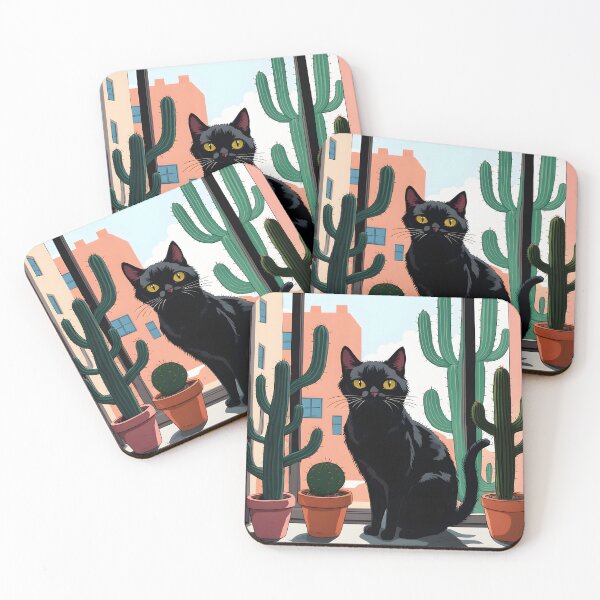 Item preview, Cartoonish black cat in the window with cactus  designed and sold by Catophile.