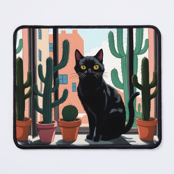 Item preview, Cartoonish black cat in the window with cactus designed and sold by Catophile.