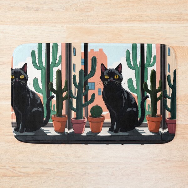 Item preview, Cartoonish black cat in the window with cactus  designed and sold by Catophile.