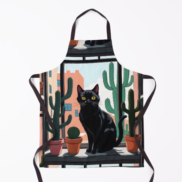 Item preview, Cartoonish black cat in the window with cactus designed and sold by Catophile.