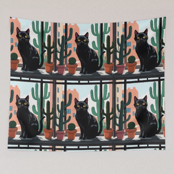 Item preview, Cartoonish black cat in the window with cactus  designed and sold by Catophile.