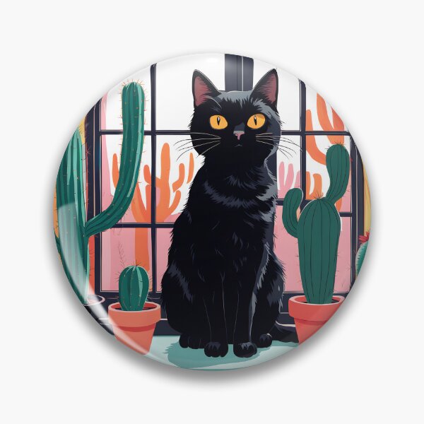 Item preview, Cartoonish black cat in the window with cactus  designed and sold by Catophile.
