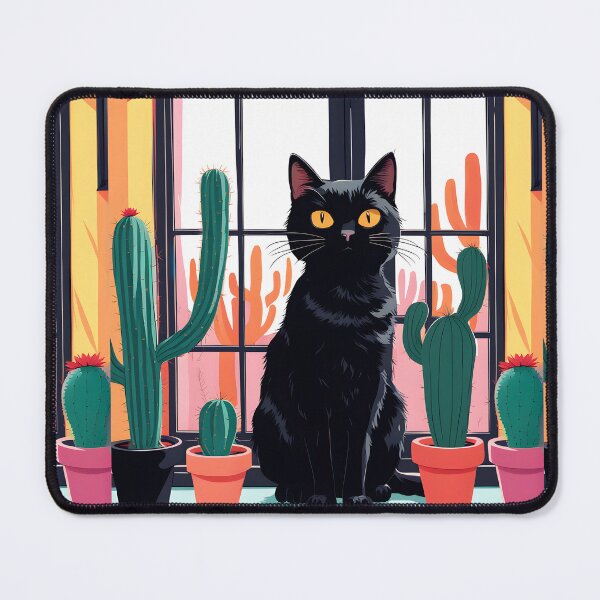 Item preview, Cartoonish black cat in the window with cactus designed and sold by Catophile.