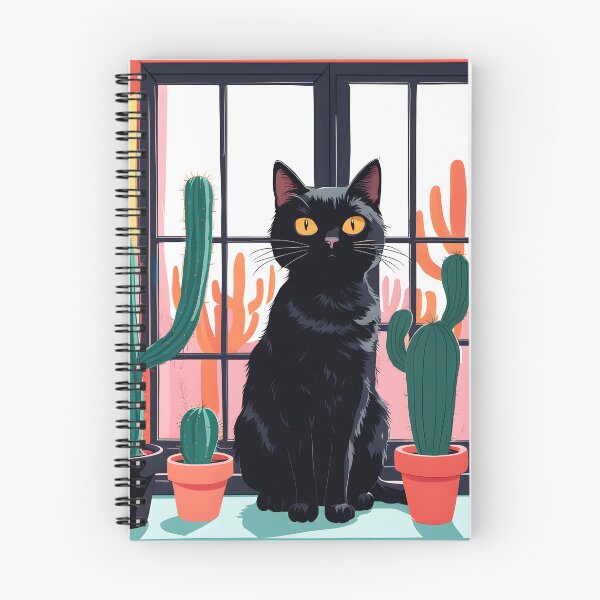 Item preview, Cartoonish black cat in the window with cactus  designed and sold by Catophile.