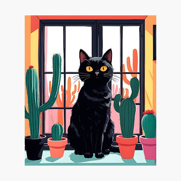 Item preview, Cartoonish black cat in the window with cactus  designed and sold by Catophile.