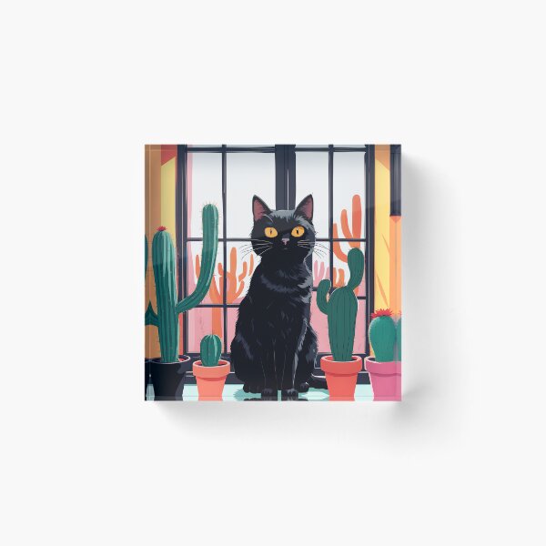Item preview, Cartoonish black cat in the window with cactus  designed and sold by Catophile.