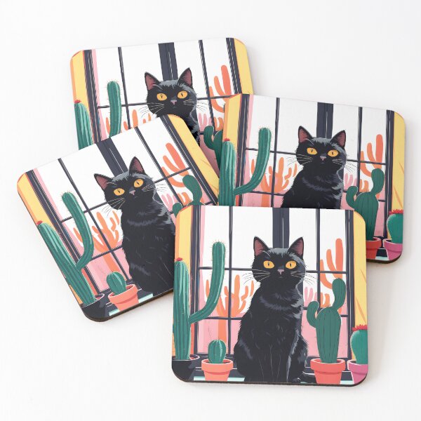 Item preview, Cartoonish black cat in the window with cactus  designed and sold by Catophile.