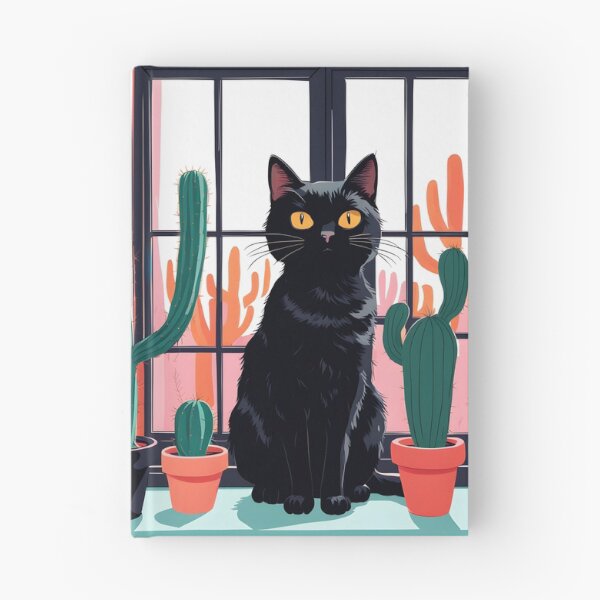 Item preview, Cartoonish black cat in the window with cactus  designed and sold by Catophile.