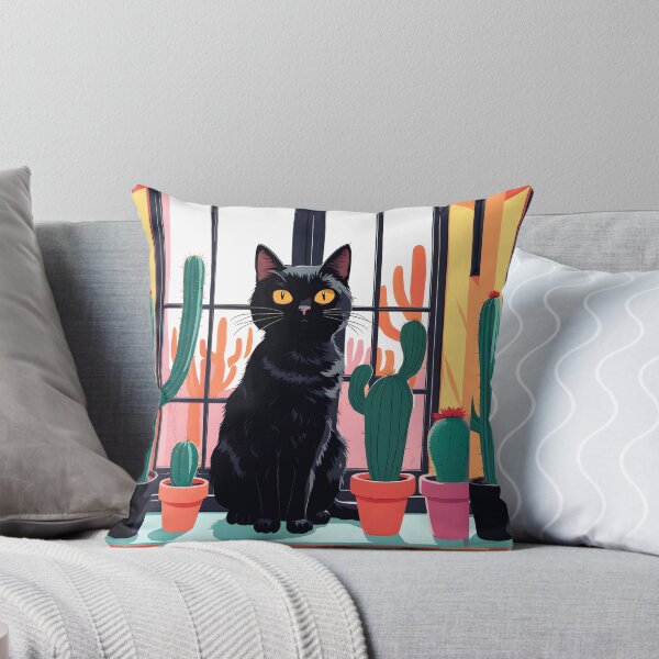 Item preview, Cartoonish black cat in the window with cactus  designed and sold by Catophile.