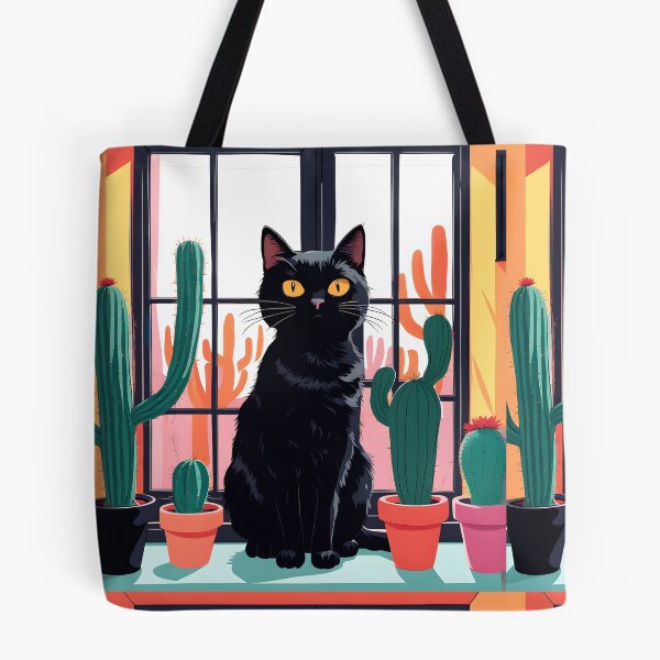 Item preview, Cartoonish black cat in the window with cactus  designed and sold by Catophile.