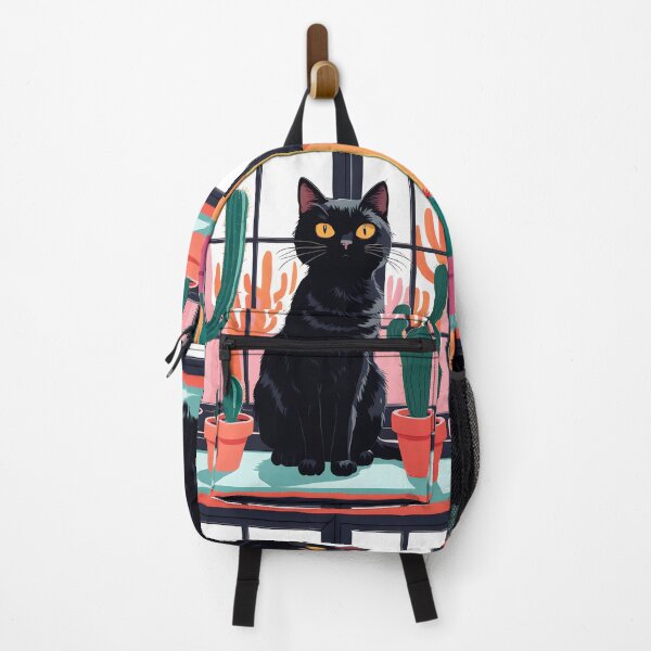 Item preview, Cartoonish black cat in the window with cactus designed and sold by Catophile.