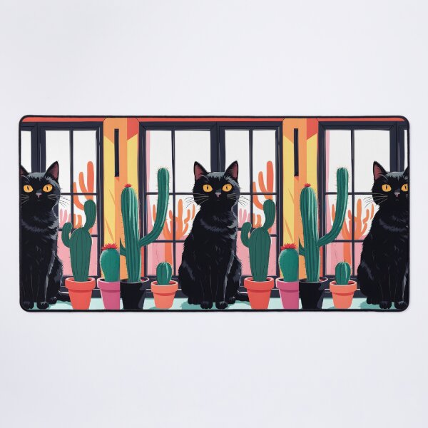 Item preview, Cartoonish black cat in the window with cactus designed and sold by Catophile.
