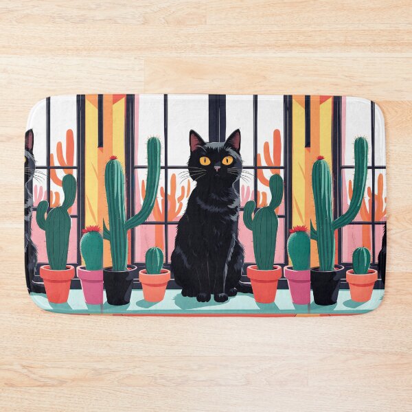 Item preview, Cartoonish black cat in the window with cactus  designed and sold by Catophile.