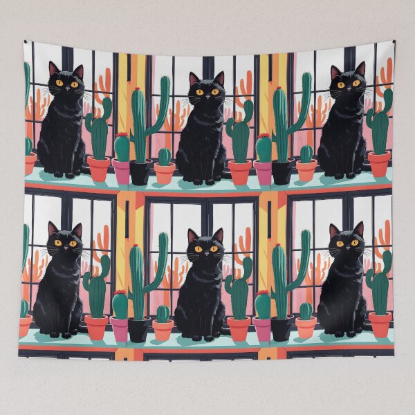 Item preview, Cartoonish black cat in the window with cactus  designed and sold by Catophile.