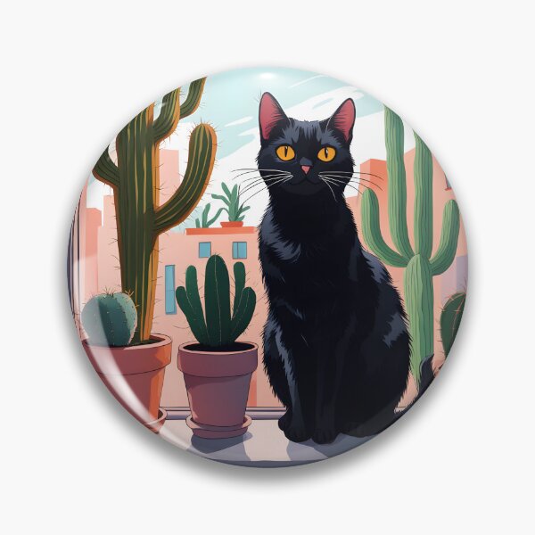 Item preview, Cartoonish black cat in the window with cactus  designed and sold by Catophile.