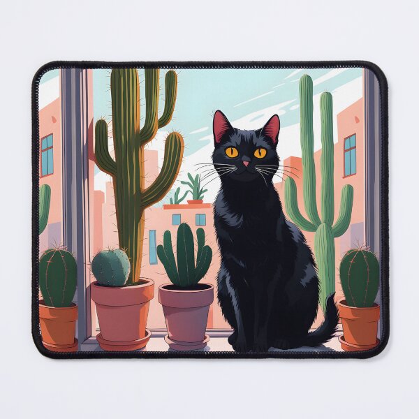 Item preview, Cartoonish black cat in the window with cactus designed and sold by Catophile.