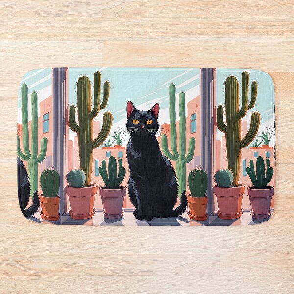 Item preview, Cartoonish black cat in the window with cactus  designed and sold by Catophile.