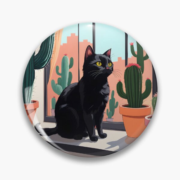 Item preview, Cartoonish black cat in the window with cactus  designed and sold by Catophile.