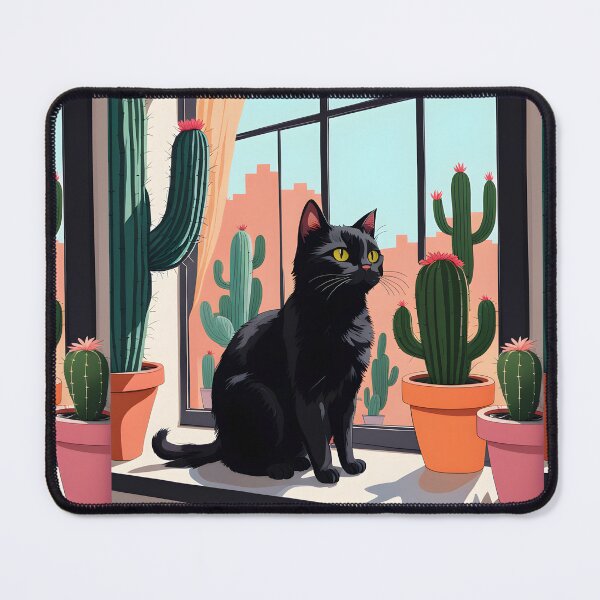 Item preview, Cartoonish black cat in the window with cactus designed and sold by Catophile.
