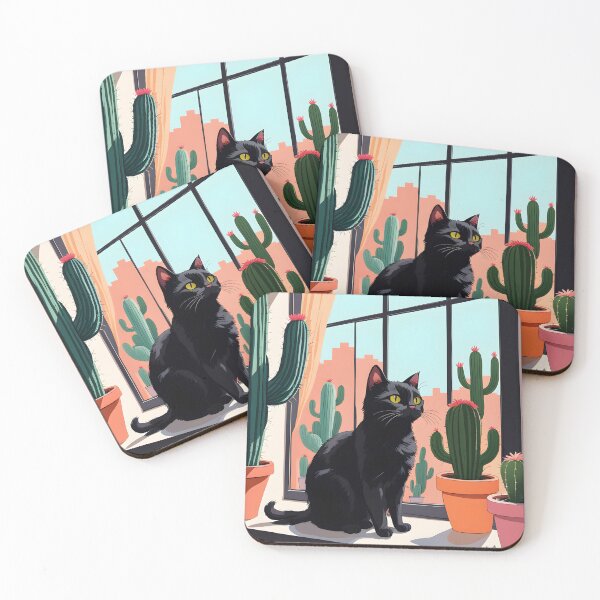 Item preview, Cartoonish black cat in the window with cactus  designed and sold by Catophile.