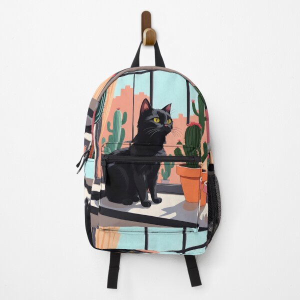 Item preview, Cartoonish black cat in the window with cactus designed and sold by Catophile.