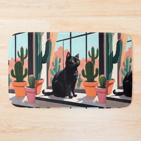 Item preview, Cartoonish black cat in the window with cactus  designed and sold by Catophile.
