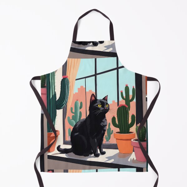 Item preview, Cartoonish black cat in the window with cactus designed and sold by Catophile.