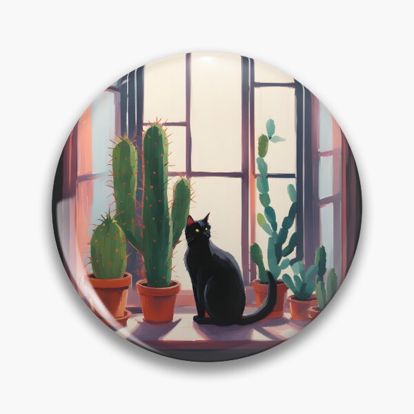 Item preview, Cartoonish black cat in the window with cactus  designed and sold by Catophile.
