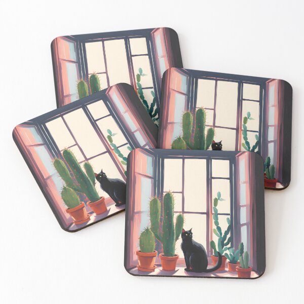 Item preview, Cartoonish black cat in the window with cactus  designed and sold by Catophile.