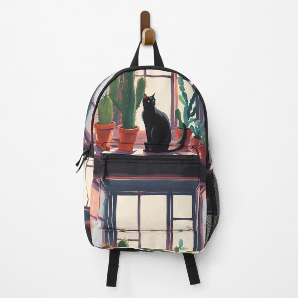 Item preview, Cartoonish black cat in the window with cactus designed and sold by Catophile.