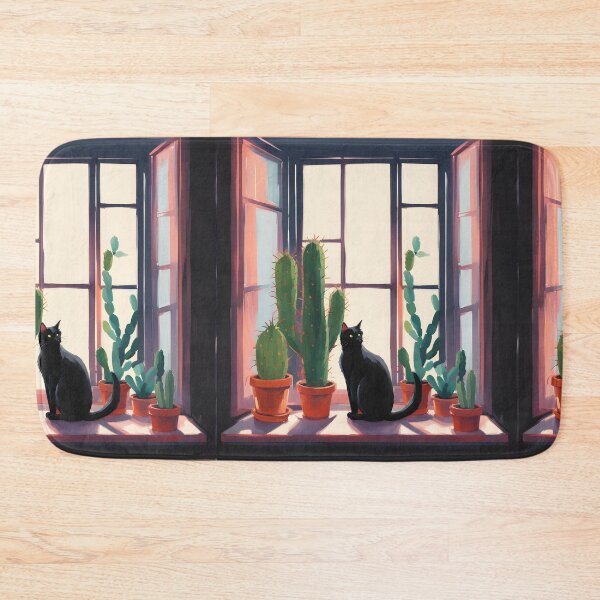 Item preview, Cartoonish black cat in the window with cactus  designed and sold by Catophile.