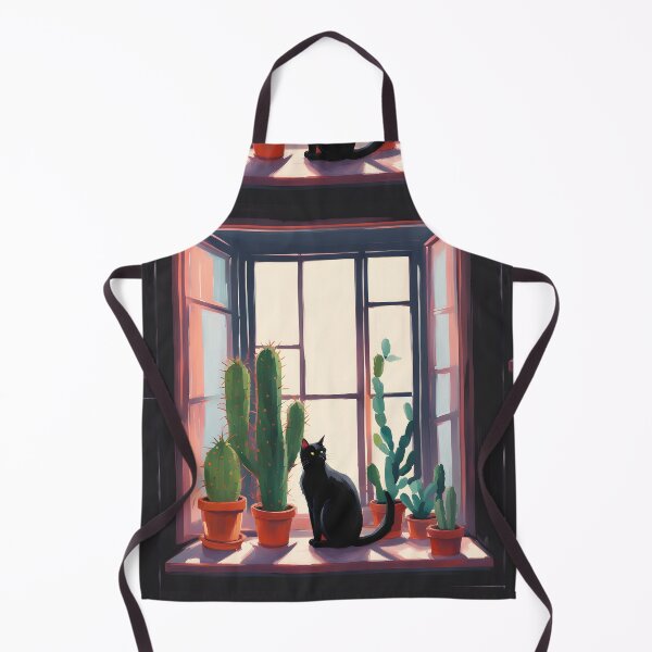 Item preview, Cartoonish black cat in the window with cactus designed and sold by Catophile.