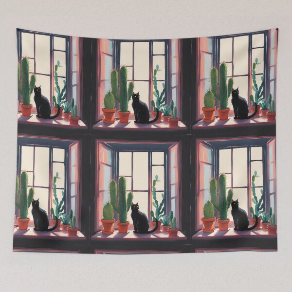 Item preview, Cartoonish black cat in the window with cactus  designed and sold by Catophile.