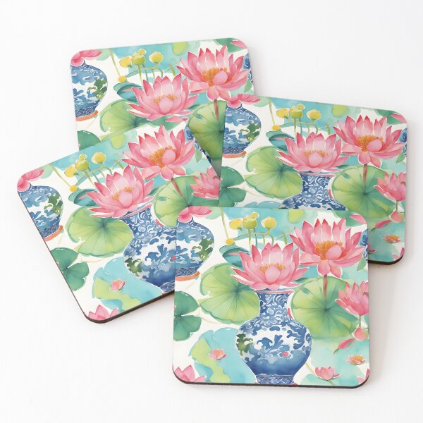 Item preview, Waterlilies and chinoiserie jars watercolor painting designed and sold by SophieClimaArt.
