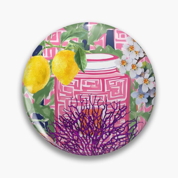 Artikelvorschau, Grandmillennial-Chinoiserie-Glas in Rosa und Marineblau, Vogel und Zitronen entworfen und verkauft von SophieClimaArt.