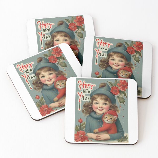 Item preview, Girl and Cat, Happy New Year; Vintage style; designed and sold by StickerApe.