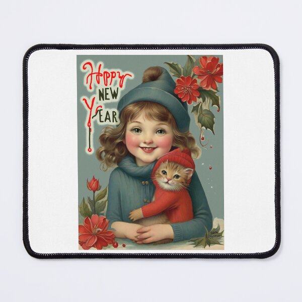 Item preview, Girl and Cat, Happy New Year; Vintage style; designed and sold by StickerApe.
