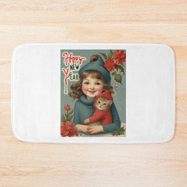 Item preview, Girl and Cat, Happy New Year; Vintage style; designed and sold by StickerApe.