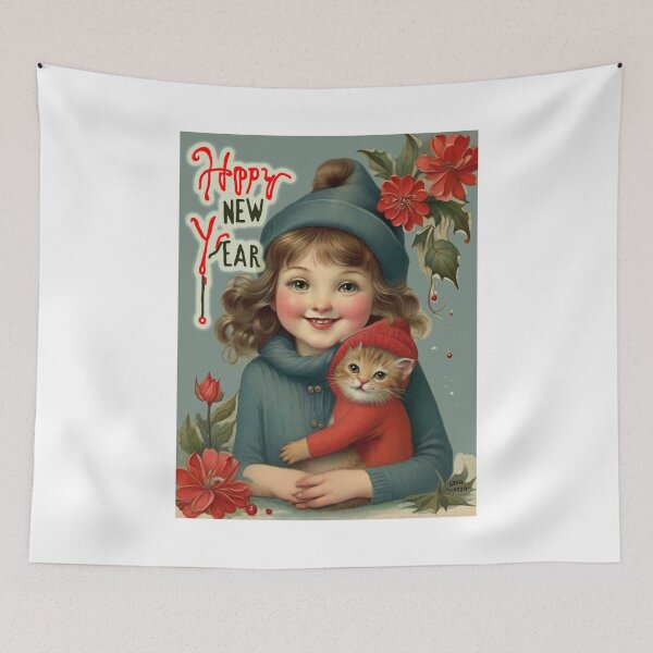 Item preview, Girl and Cat, Happy New Year; Vintage style; designed and sold by StickerApe.