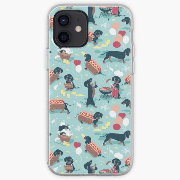 Hot dogs and lemonade // aqua green background navy and brown dachshunds iPhone Soft Case