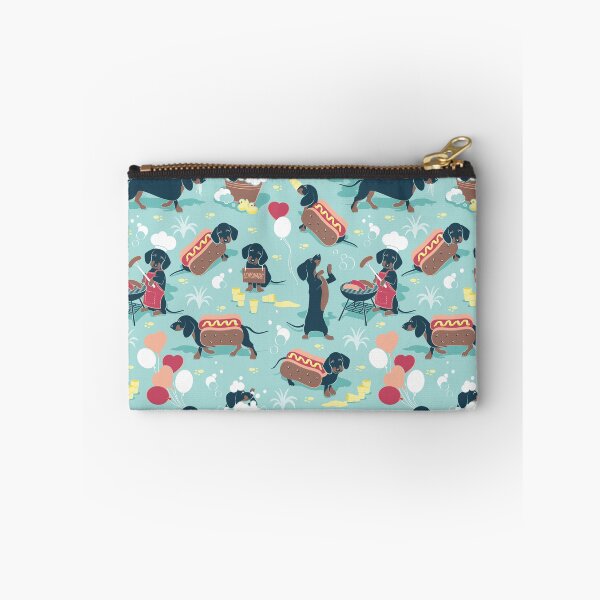 Item preview, Hot dogs and lemonade // aqua green background navy and brown dachshunds  designed and sold by SelmaCardoso.