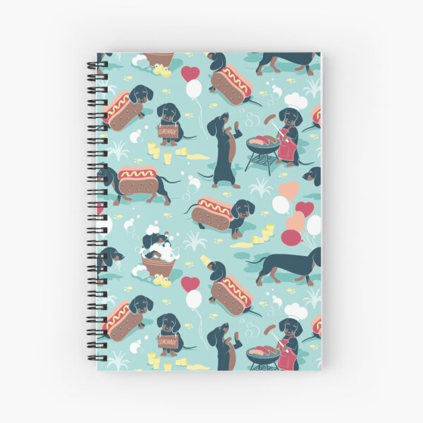 Hot dogs and lemonade // aqua green background navy and brown dachshunds Spiral Notebook