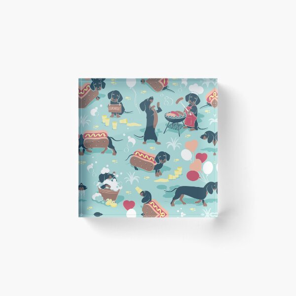 Item preview, Hot dogs and lemonade // aqua green background navy and brown dachshunds  designed and sold by SelmaCardoso.